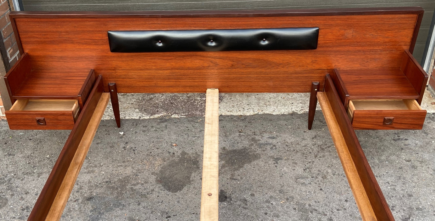 REFINISHED Mid Century Modern Teak Platform Bed w floating nightstands Double