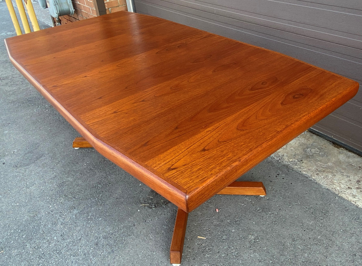 REFINISHED Mid Century Modern Teak Pedestal Table w 2 Leaves , 71.5
