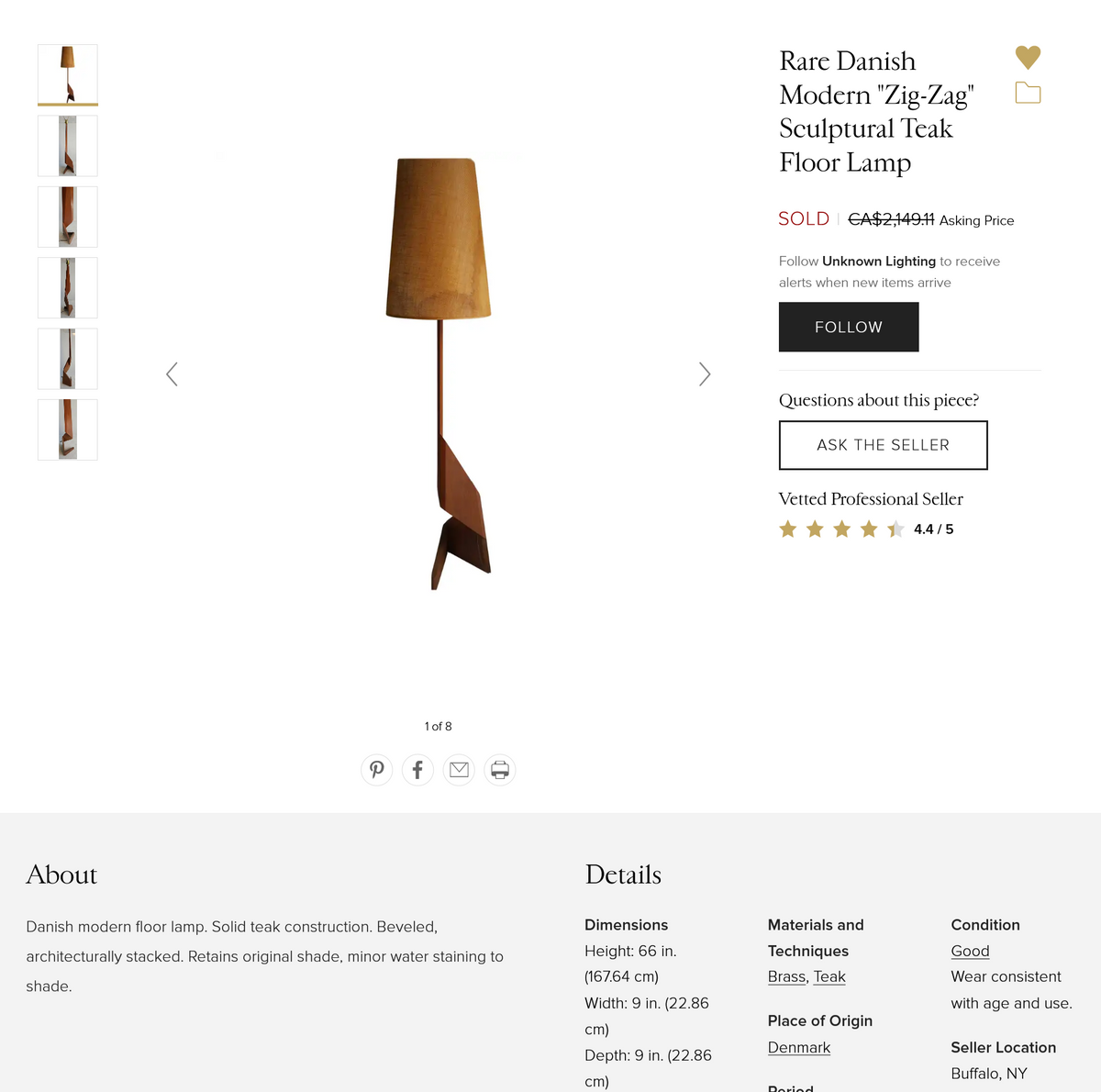 Mid Century Modern Zig Zag Teak Floor Lamp, H 61.5