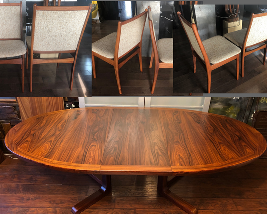 Set REFINISHED Danish MCM Rosewood Table Oval w 2 Leaves 70-109" & 6 Chairs, all perfect - Mid Century Modern Toronto
