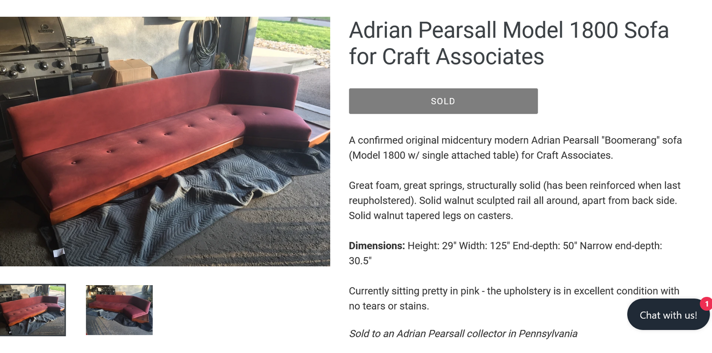 Will be REFINISHED REUPHOLSTERED MCM Adrian Pearsall "Boomerang" sofa