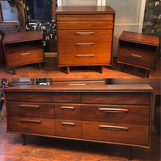 REFINISHED MCM SOLID Teak Dresser 9 drawers, Tallboy, Nightstands, Headboard and metal Queen bed frame by Imperial- PERFECT - - Mid Century Modern Toronto