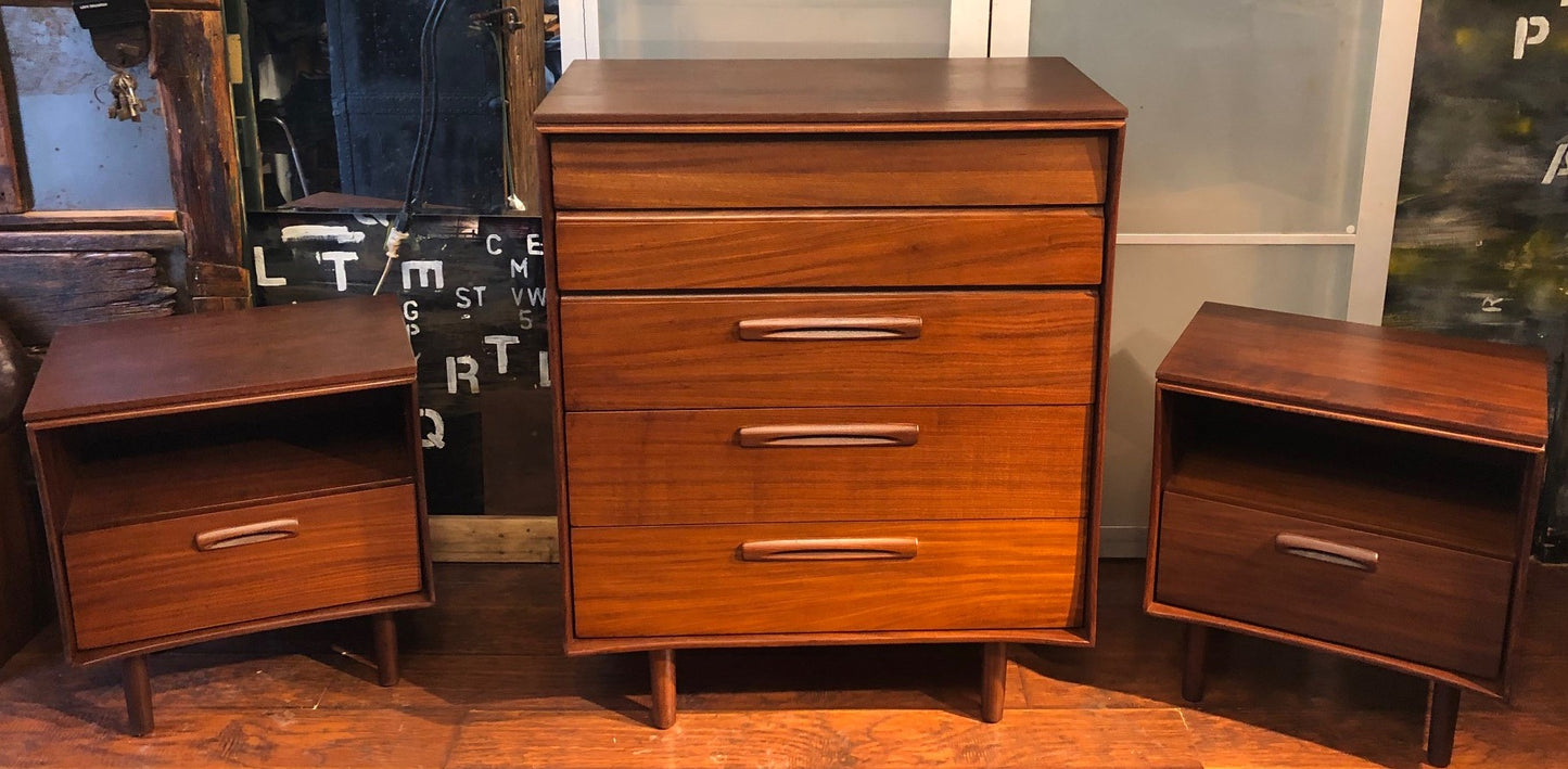 REFINISHED MCM SOLID Teak Dresser 9 drawers, Tallboy, Nightstands, Headboard and metal Queen bed frame by Imperial- PERFECT - - Mid Century Modern Toronto