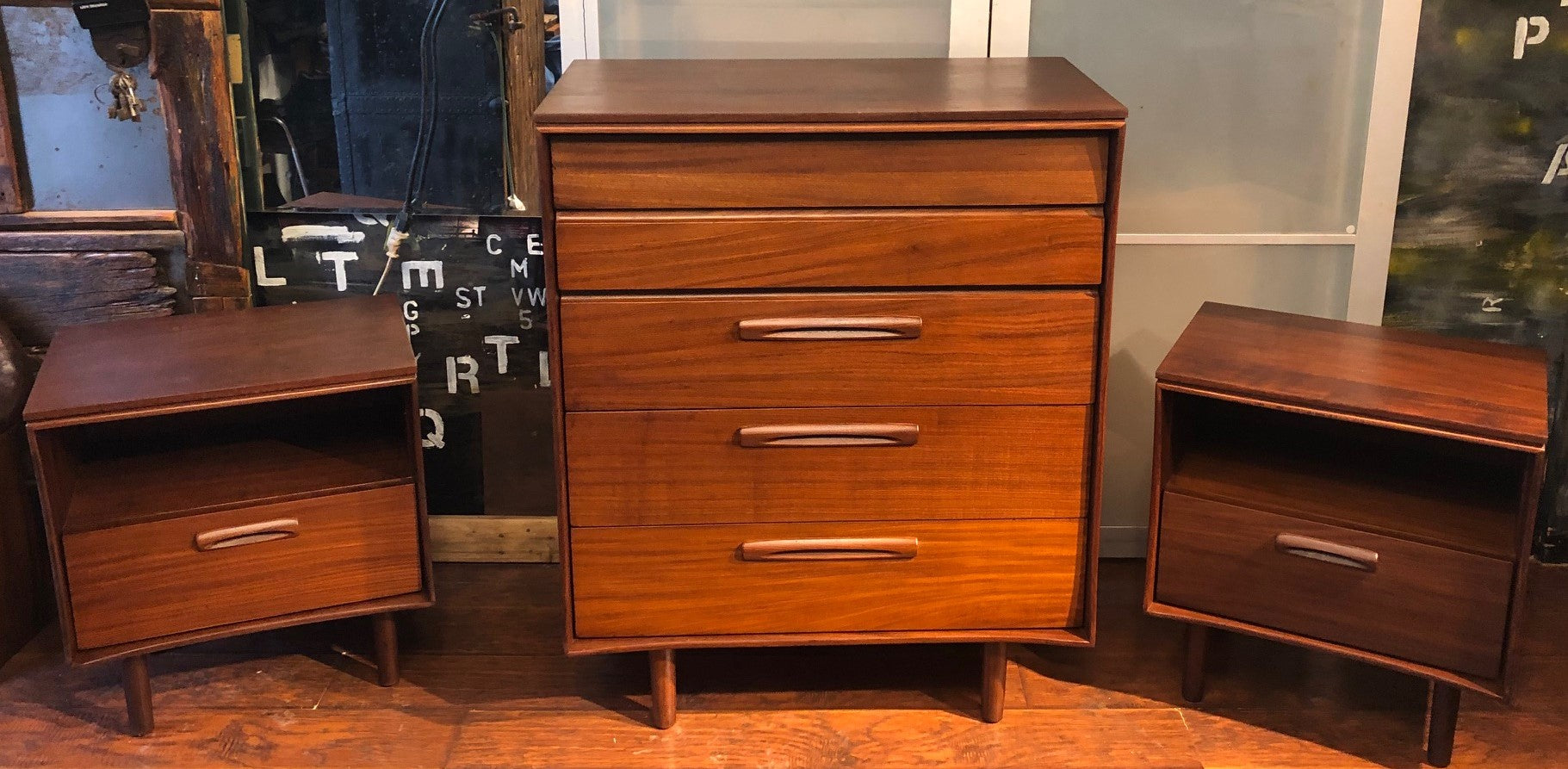 REFINISHED MCM SOLID Teak Dresser 9 drawers, Tallboy, Nightstands, Headboard and metal Queen bed frame by Imperial- PERFECT - - Mid Century Modern Toronto
