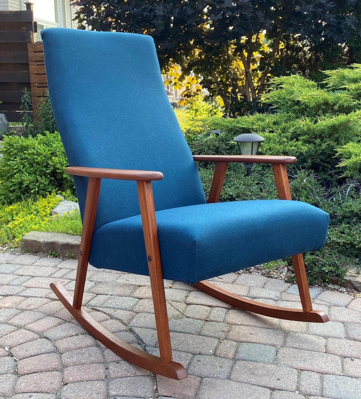 REFINISHED Danish Mid Century Modern Teak Rocking Chair NEW Wool Upholstery, Perfect