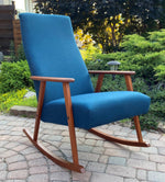 REFINISHED Danish Mid Century Modern Teak Rocking Chair NEW Wool Upholstery, Perfect 1