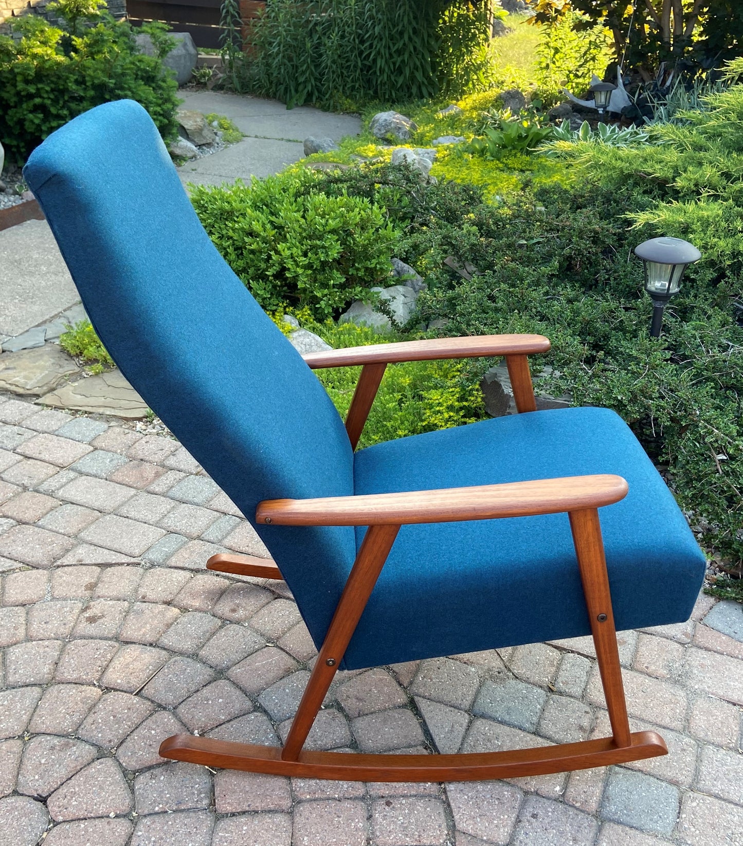 REFINISHED Danish Mid Century Modern Teak Rocking Chair NEW Wool Upholstery, Perfect