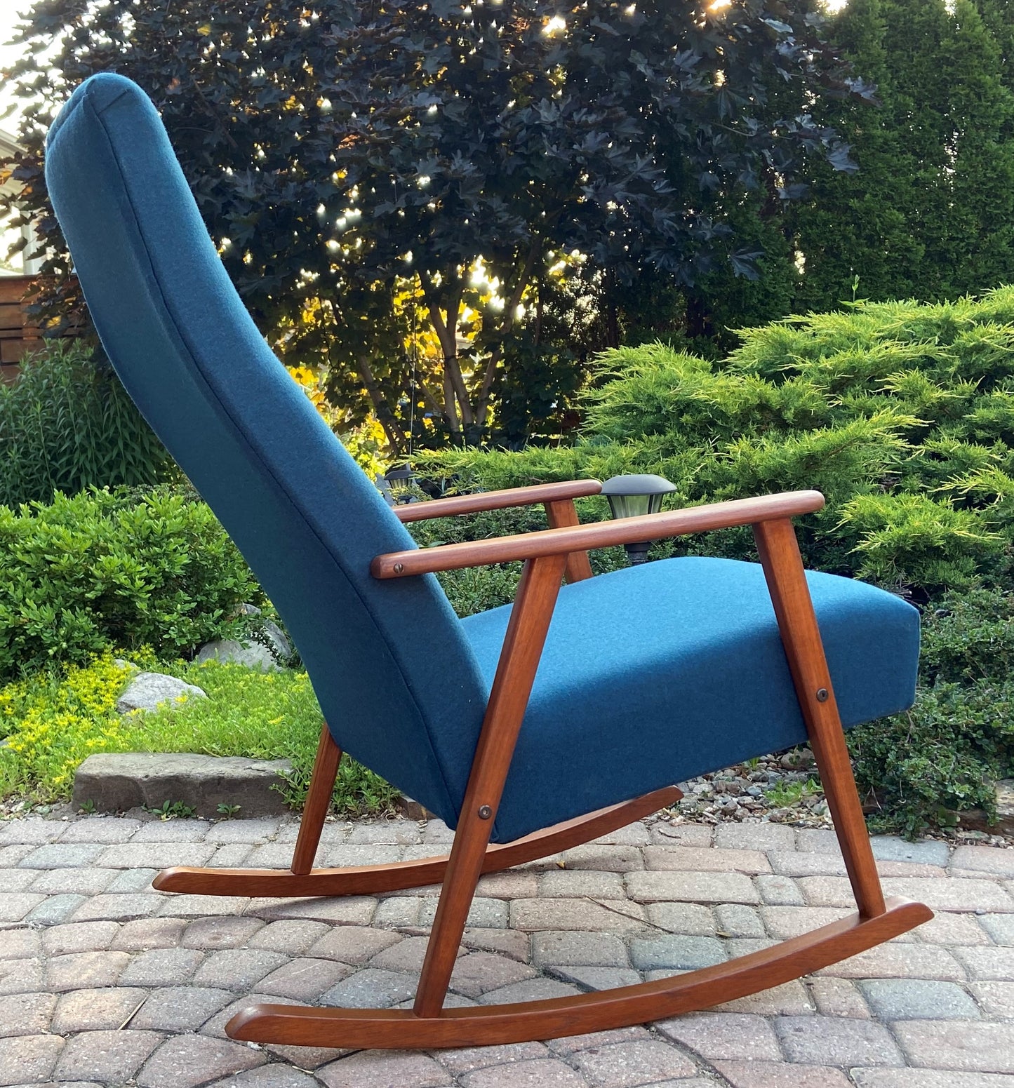 REFINISHED Danish Mid Century Modern Teak Rocking Chair NEW Wool Upholstery, Perfect