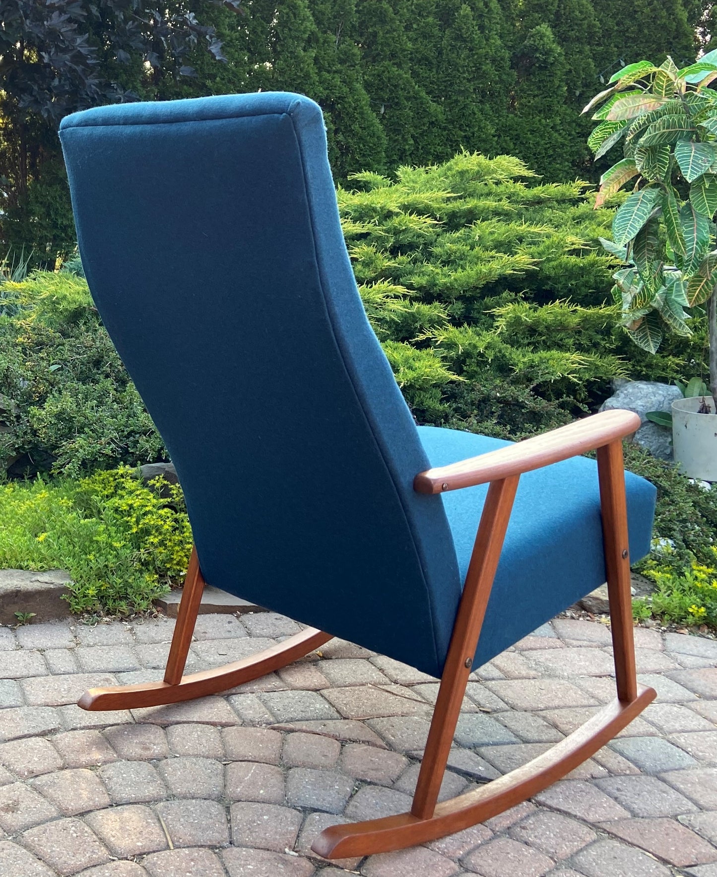 REFINISHED Danish Mid Century Modern Teak Rocking Chair NEW Wool Upholstery, Perfect