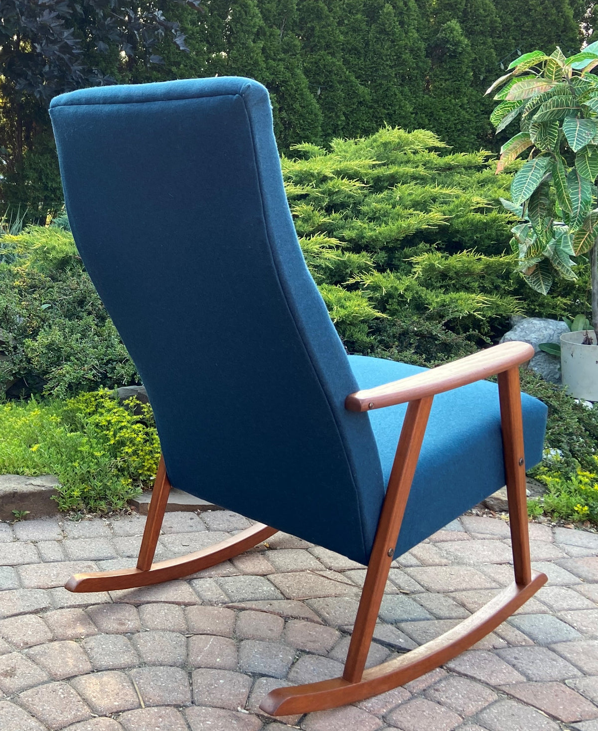 REFINISHED Danish Mid Century Modern Teak Rocking Chair NEW Wool Upholstery, Perfect