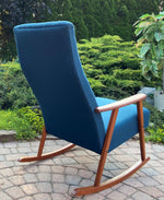 REFINISHED Danish Mid Century Modern Teak Rocking Chair NEW Wool Upholstery, Perfect 4