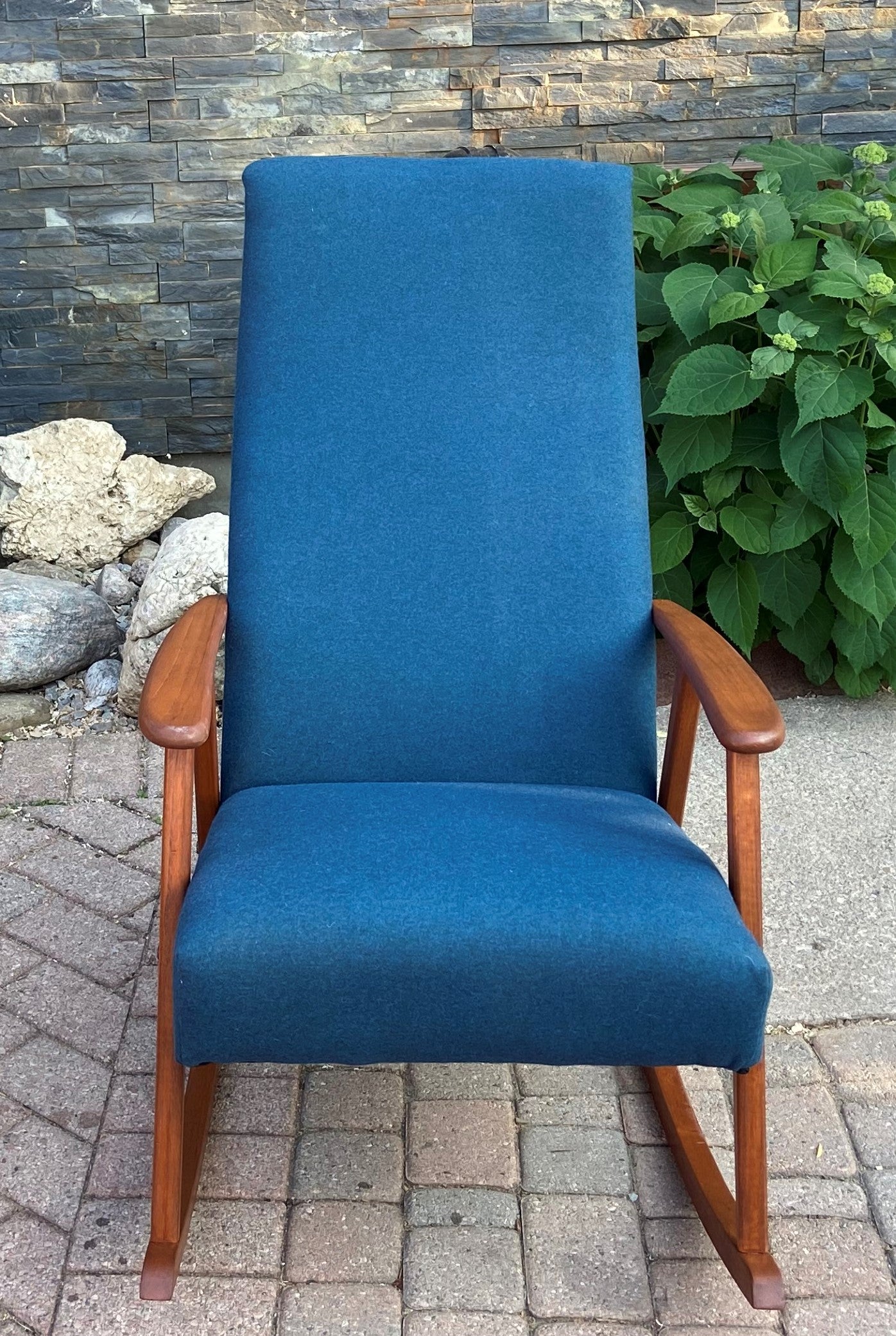 REFINISHED Danish Mid Century Modern Teak Rocking Chair NEW Wool Upholstery, Perfect