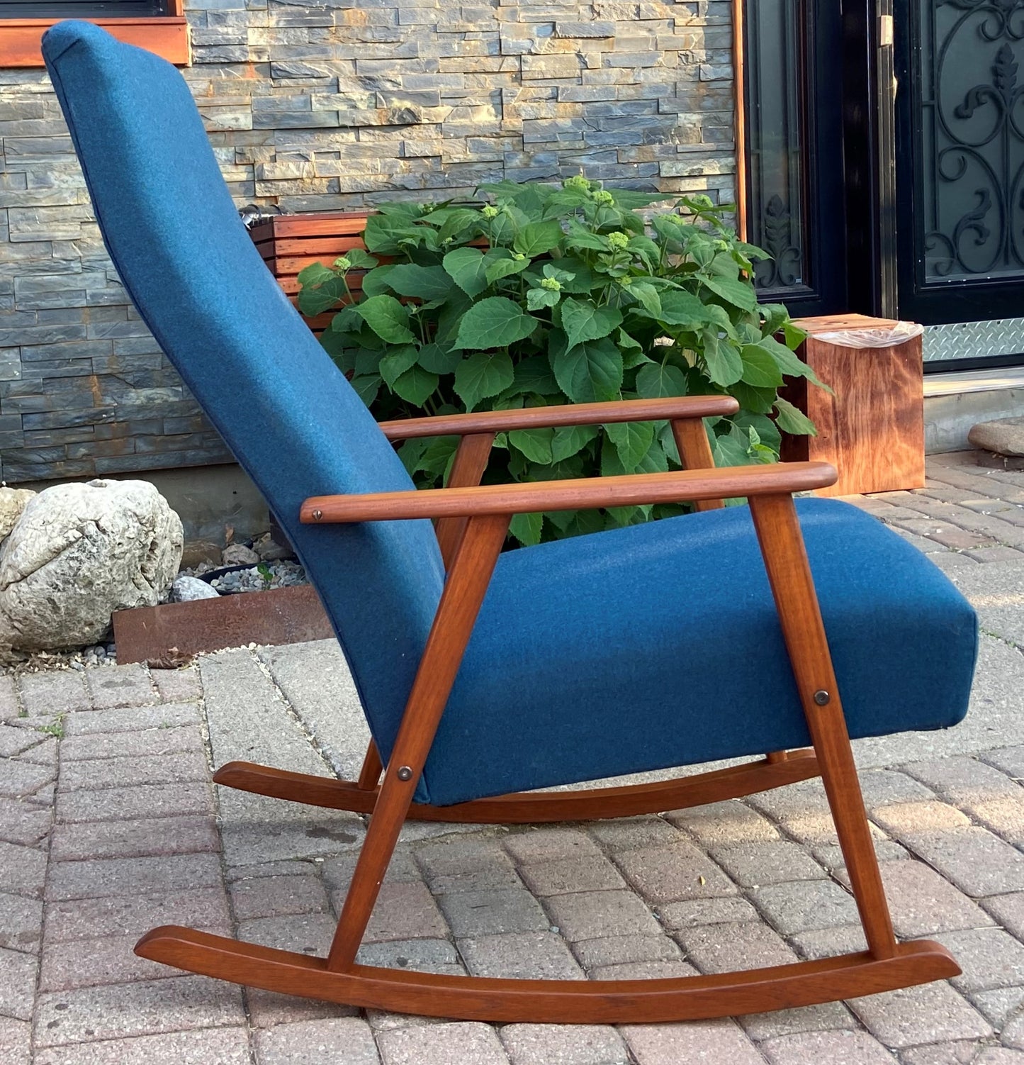 REFINISHED Danish Mid Century Modern Teak Rocking Chair NEW Wool Upholstery, Perfect