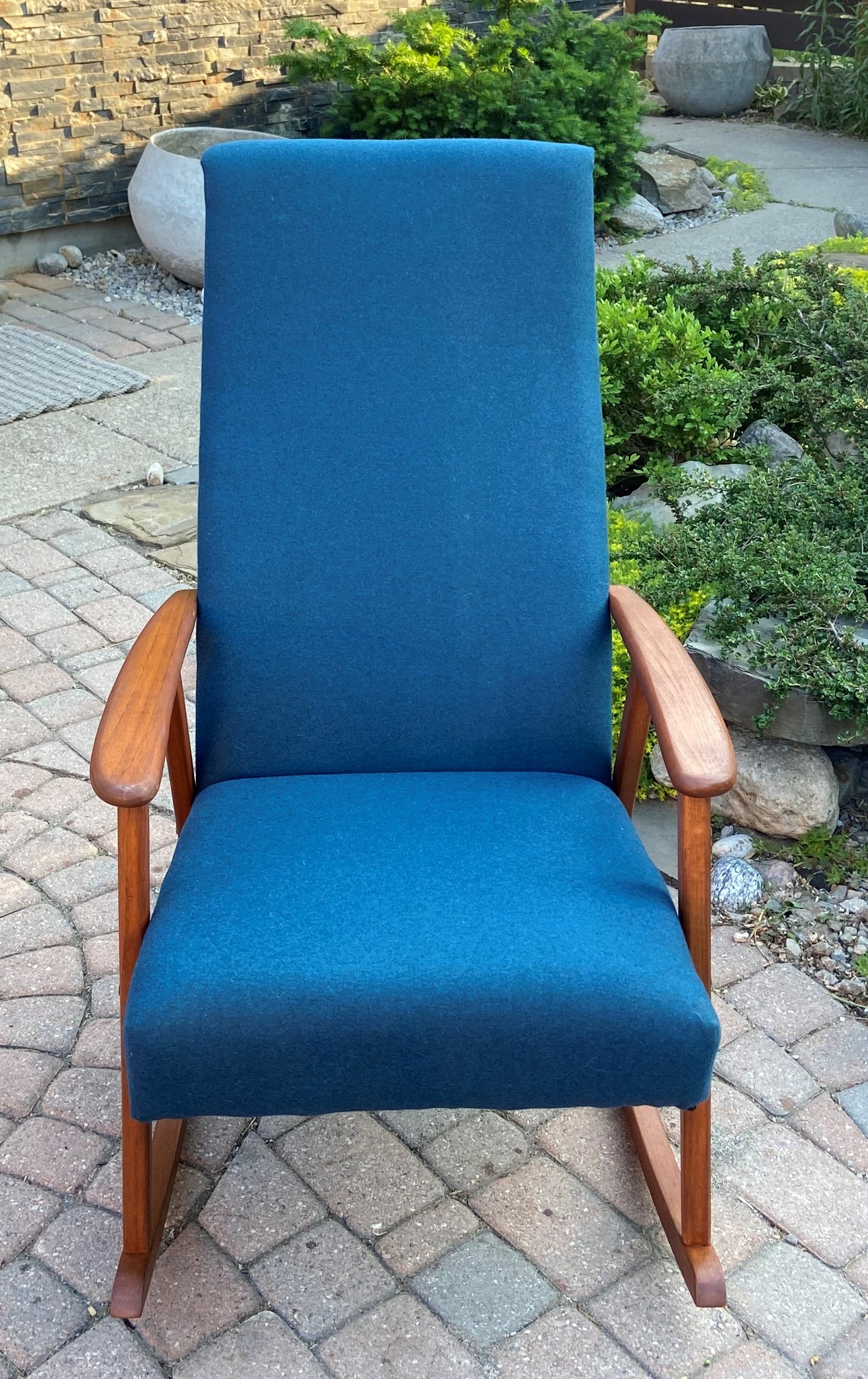 REFINISHED Danish Mid Century Modern Teak Rocking Chair NEW Wool Upholstery, Perfect