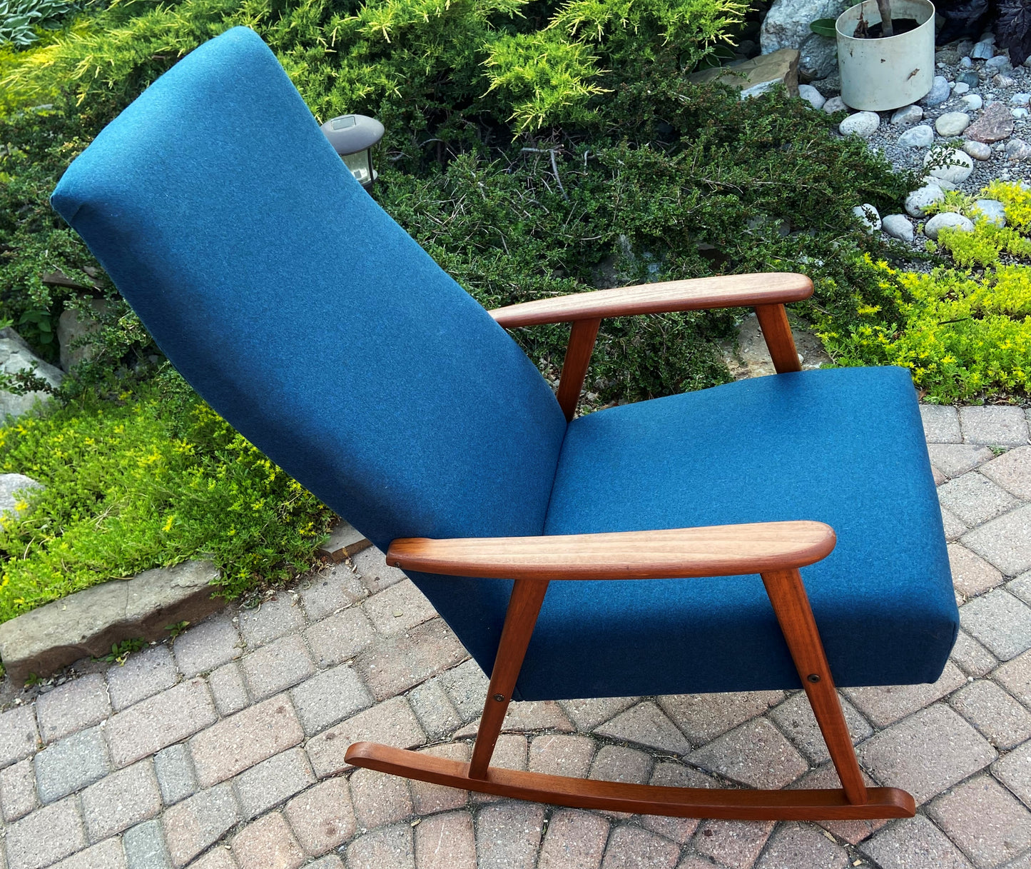 REFINISHED Danish Mid Century Modern Teak Rocking Chair NEW Wool Upholstery, Perfect