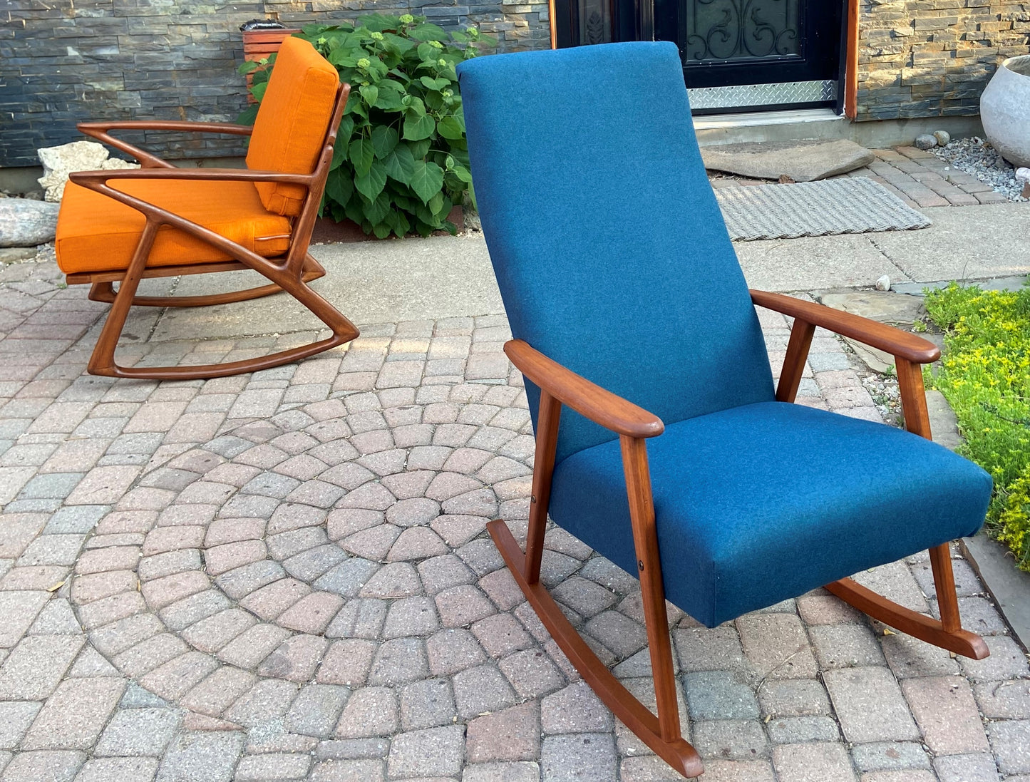 REFINISHED Danish Mid Century Modern Teak Rocking Chair NEW Wool Upholstery, Perfect