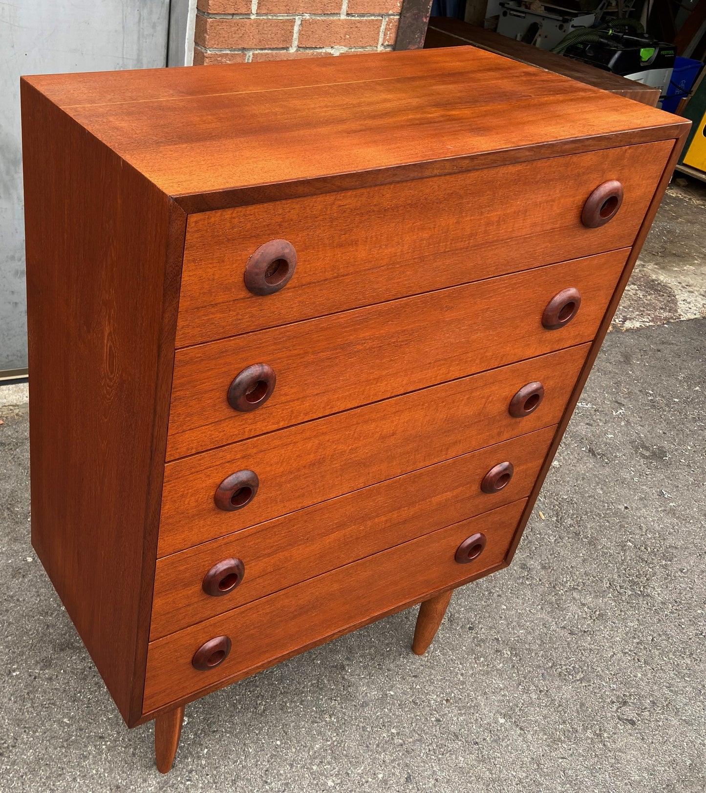 REFINISHED Swedish Mid Century Modern Teak Tallboy Dresser 5 drawers