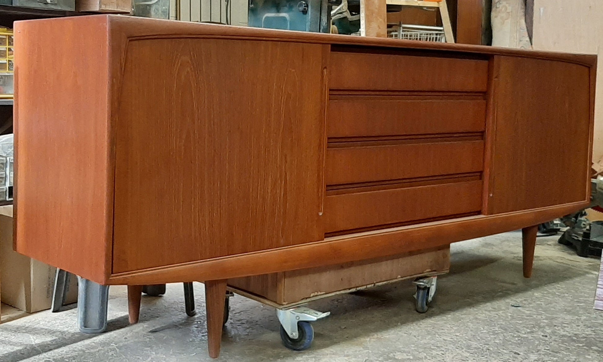 REFINISHED MCM Teak Credenza Sideboard w 2 sliding doors and drawers, 7 ft - Mid Century Modern Toronto