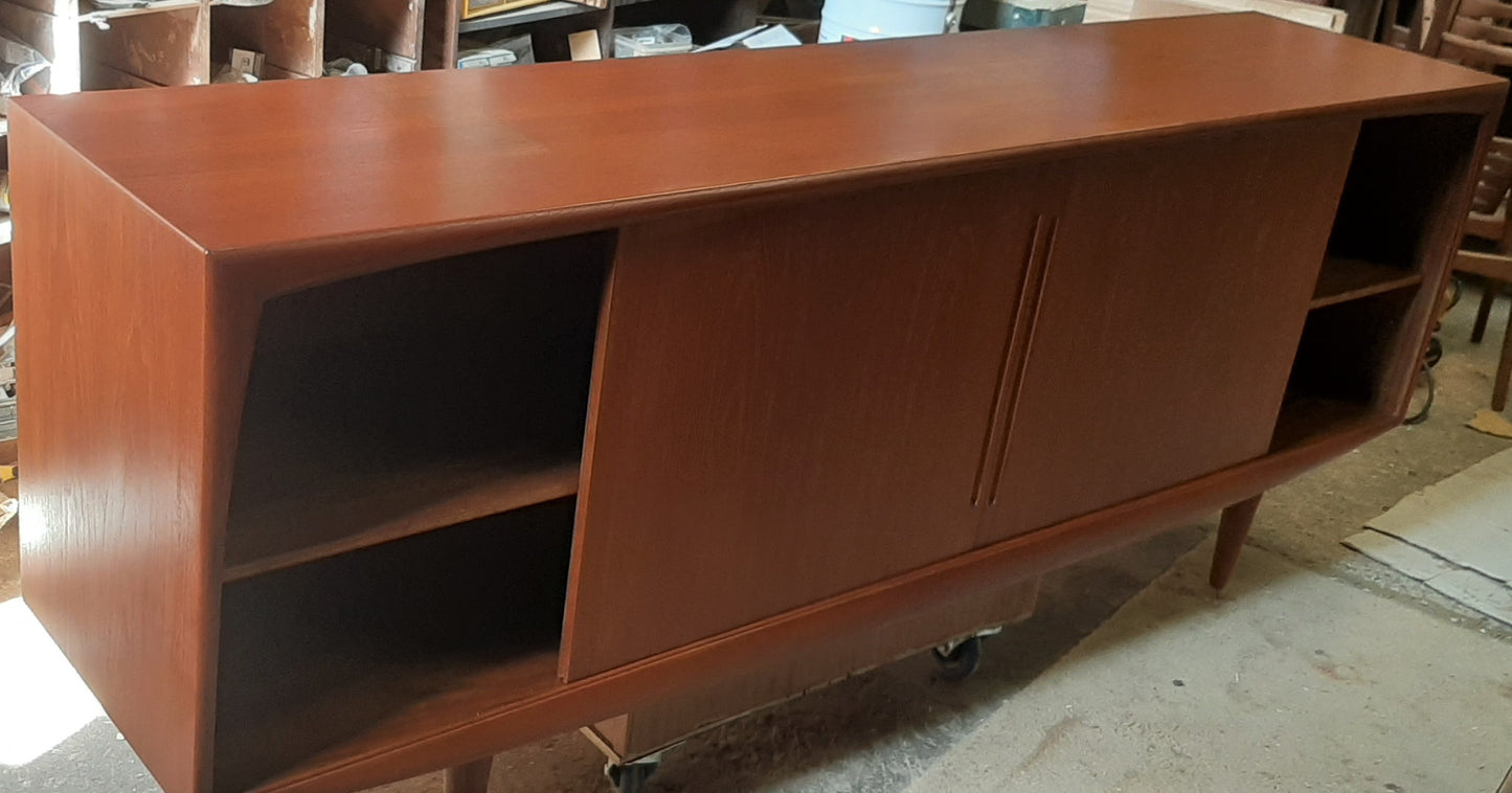 REFINISHED MCM Teak Credenza Sideboard w 2 sliding doors and drawers, 7 ft - Mid Century Modern Toronto