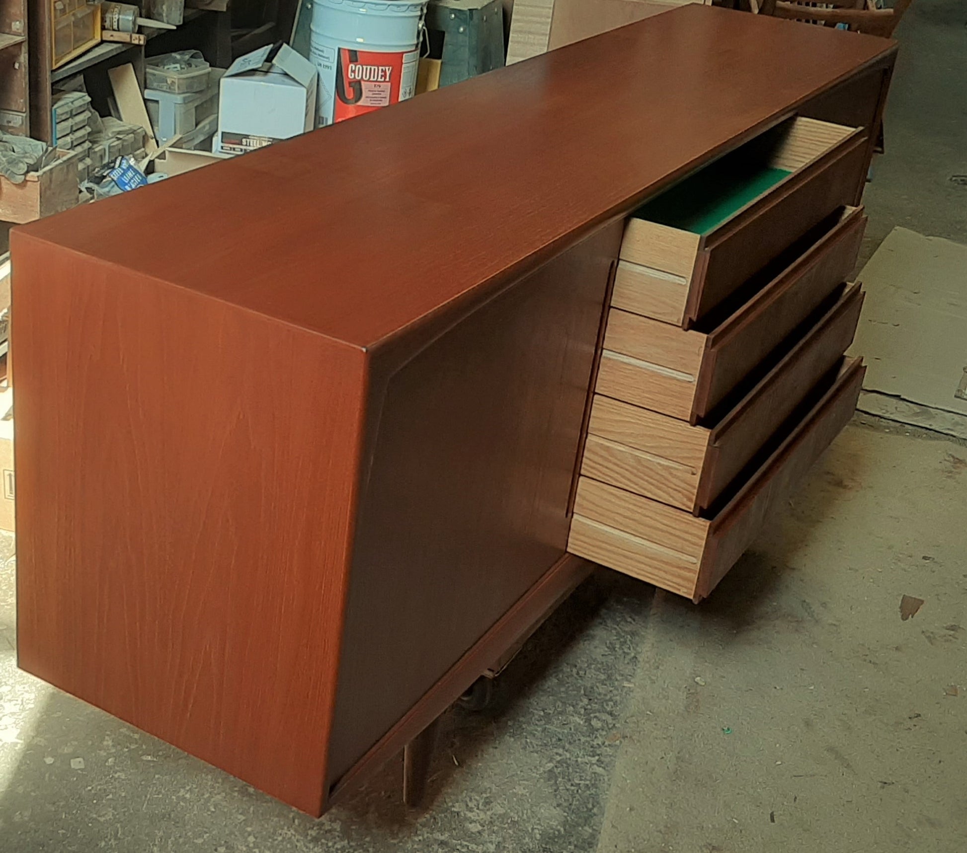 REFINISHED MCM Teak Credenza Sideboard w 2 sliding doors and drawers, 7 ft - Mid Century Modern Toronto