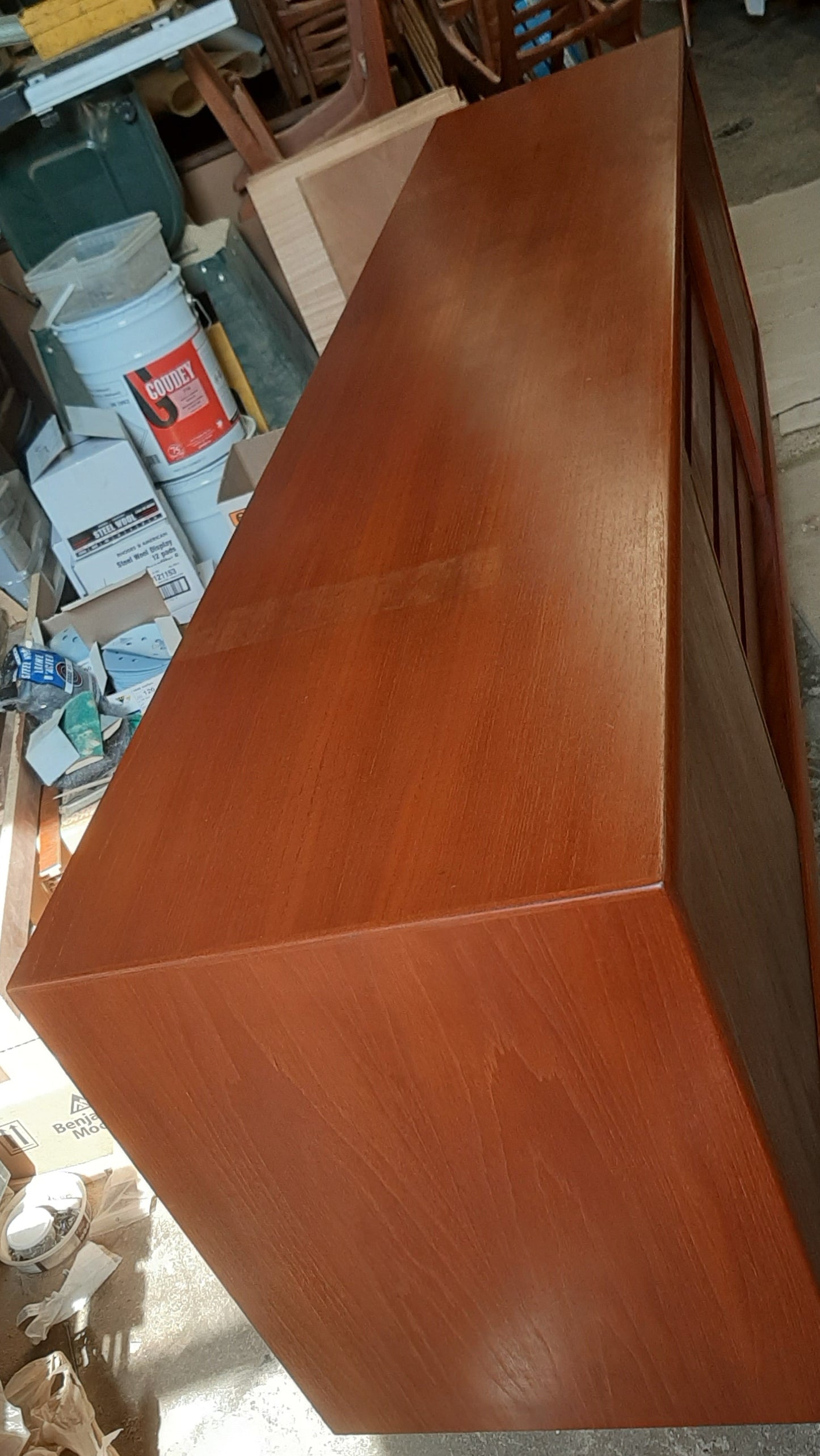 REFINISHED MCM Teak Credenza Sideboard w 2 sliding doors and drawers, 7 ft - Mid Century Modern Toronto