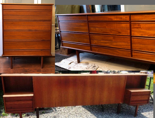 REFINISHED MCM Teak 9 Drawers Dresser, Tallboy & Queen bed metal frame & Headboard - Mid Century Modern Toronto