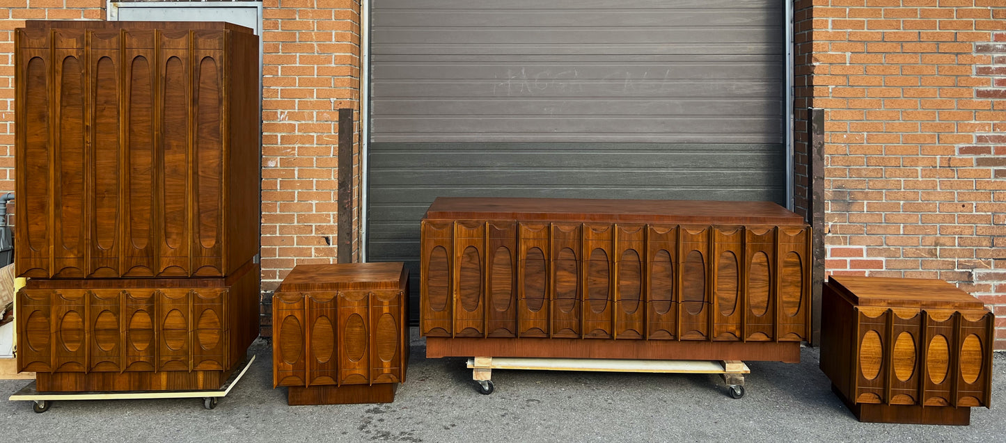 RESTORED Mid Century Modern Walnut Brutalist Set: Credenza, Armoire, 2 Nightstands