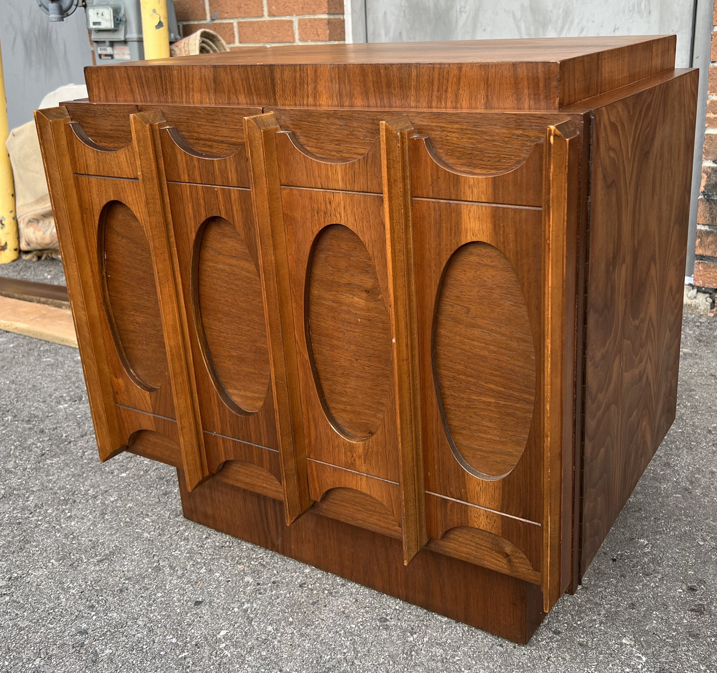 RESTORED Mid Century Modern Walnut Brutalist Set: Credenza, Armoire, 2 Nightstands