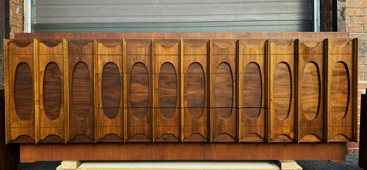 RESTORED Mid Century Modern Walnut Brutalist Credenza Dresser 80"