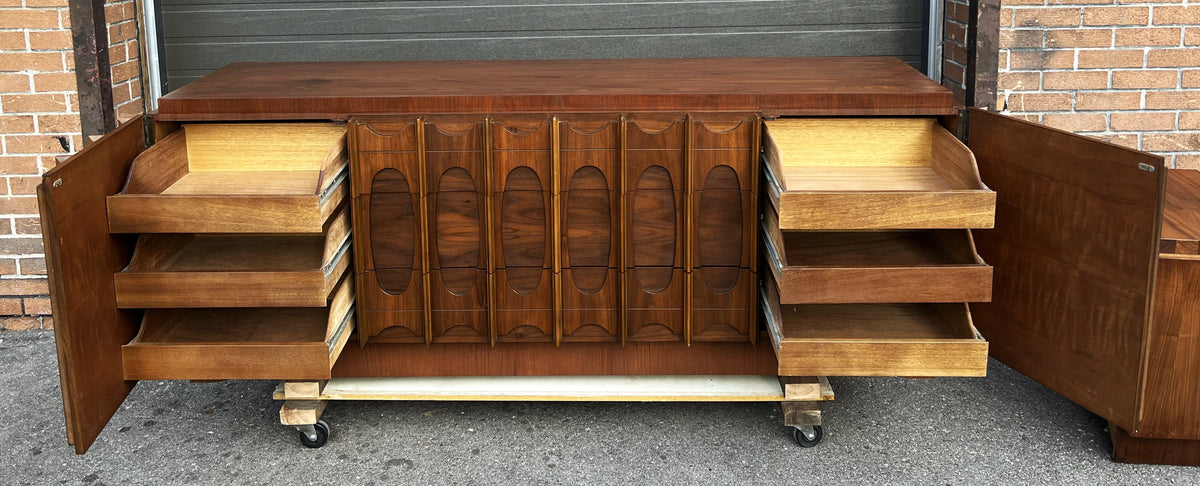 RESTORED Mid Century Modern Walnut Brutalist Credenza Dresser 80