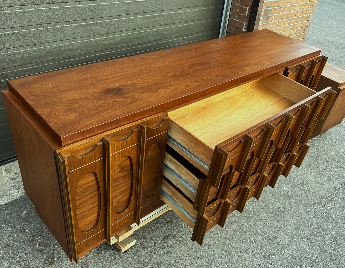 RESTORED Mid Century Modern Walnut Brutalist Credenza Dresser 80