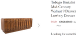 RESTORED Mid Century Modern Walnut Brutalist Credenza Dresser 80