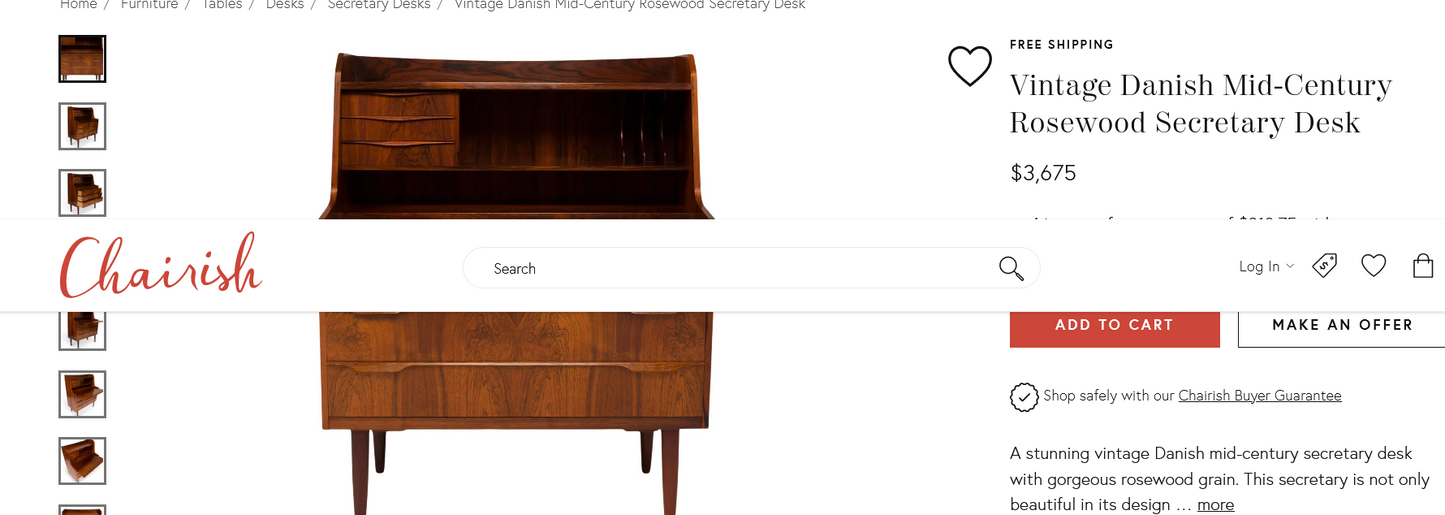 REFINISHED Danish Mid Century Modern Rosewood Vanity or Secretary Desk