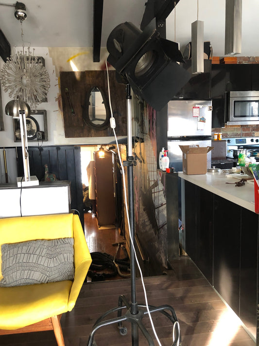 Vintage Industrial Movie Theater Photography Spot Light - iron floor lamp on wheels - Mid Century Modern Toronto