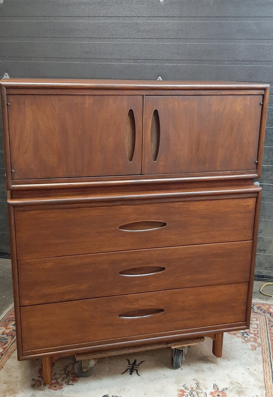 REFINISHED MCM  Walnut Tall Dresser or Bureau with doors & drawers 42” - Mid Century Modern Toronto