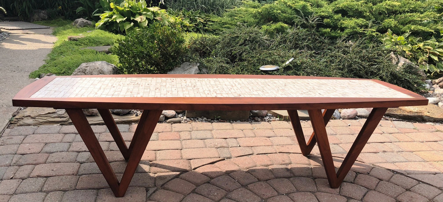 REFINISHED Danish MCM walnut coffee table with tile inlay 60" - Mid Century Modern Toronto