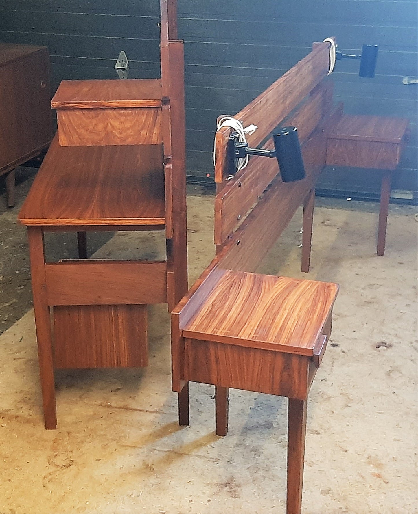 REFINISHED MCM Teak Headboard w floating nightstands Queen and Vanity or Desk, Perfect