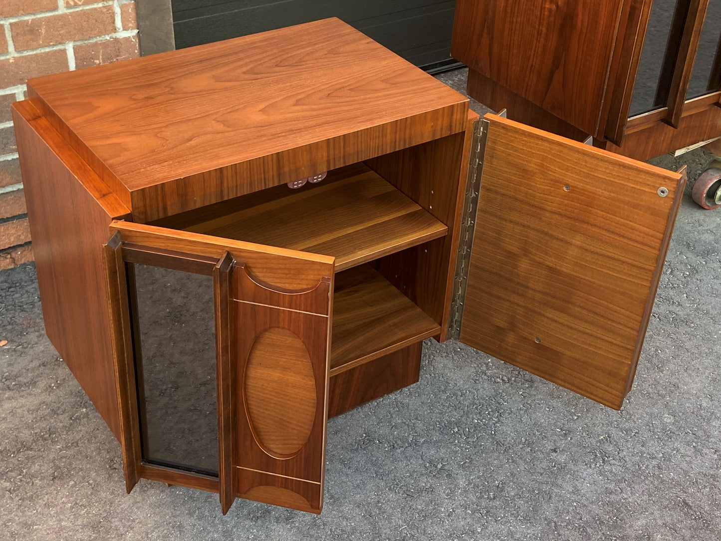 RESTORED Rare MCM Teak & Walnut Mirrored Brutalist Headboard Queen, metal bed frame, 2 nightstands