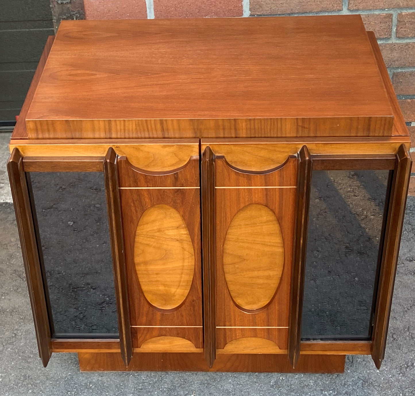 RESTORED Rare MCM Teak & Walnut Mirrored Brutalist Headboard Queen, metal bed frame, 2 nightstands