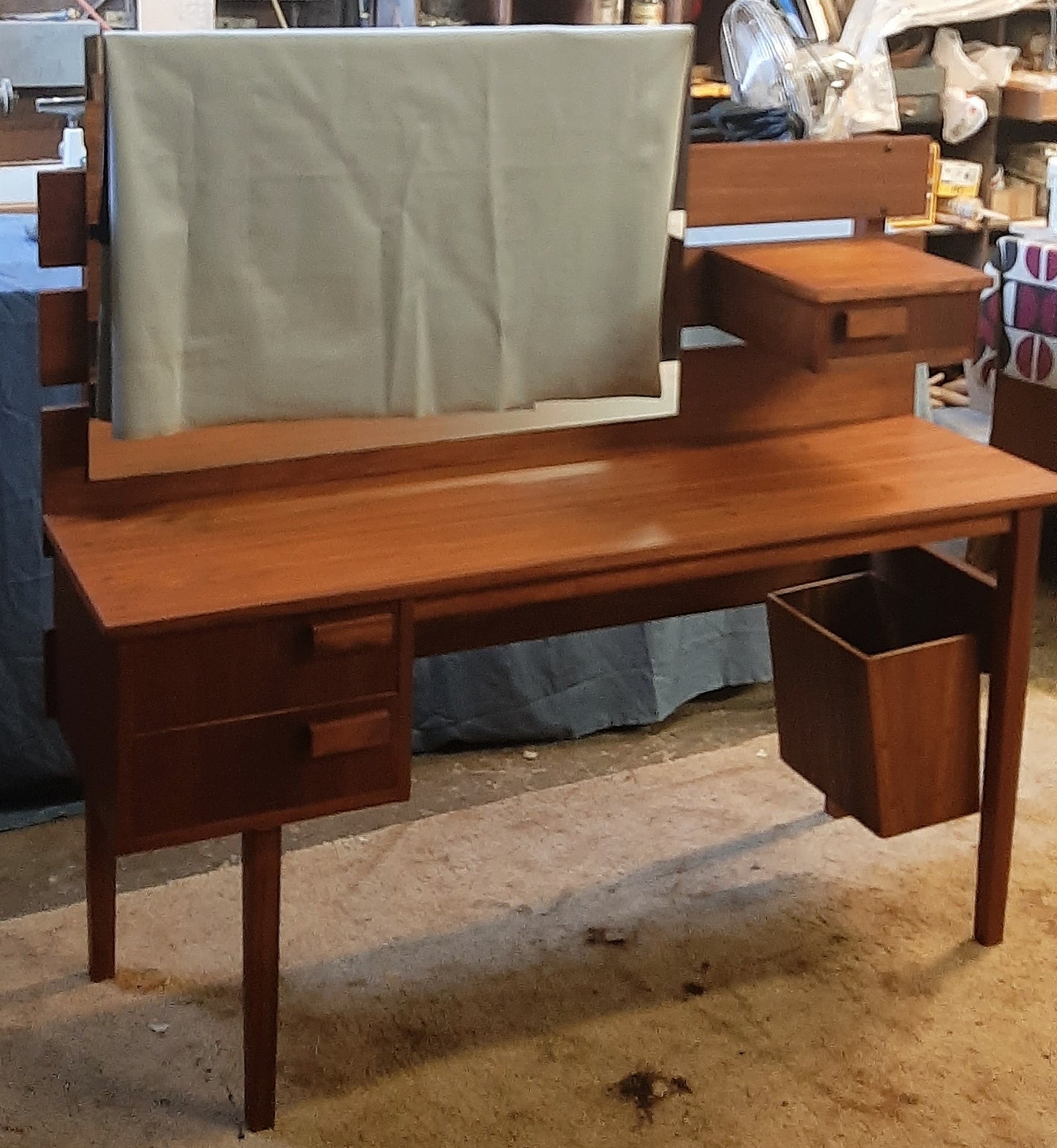 REFINISHED MCM Teak Headboard w floating nightstands Queen and Vanity or Desk, Perfect