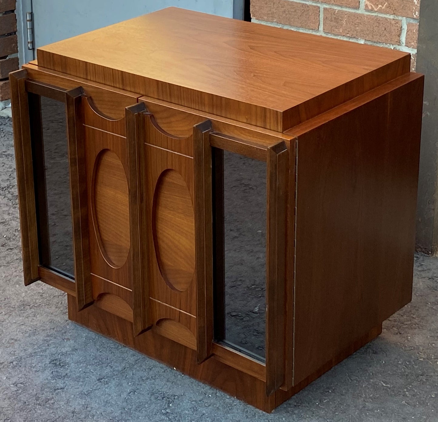 RESTORED Rare MCM Teak & Walnut Mirrored Brutalist Headboard Queen, metal bed frame, 2 nightstands