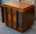 RESTORED Rare MCM Teak & Walnut Mirrored Brutalist Headboard Queen, metal bed frame, 2 nightstands 9