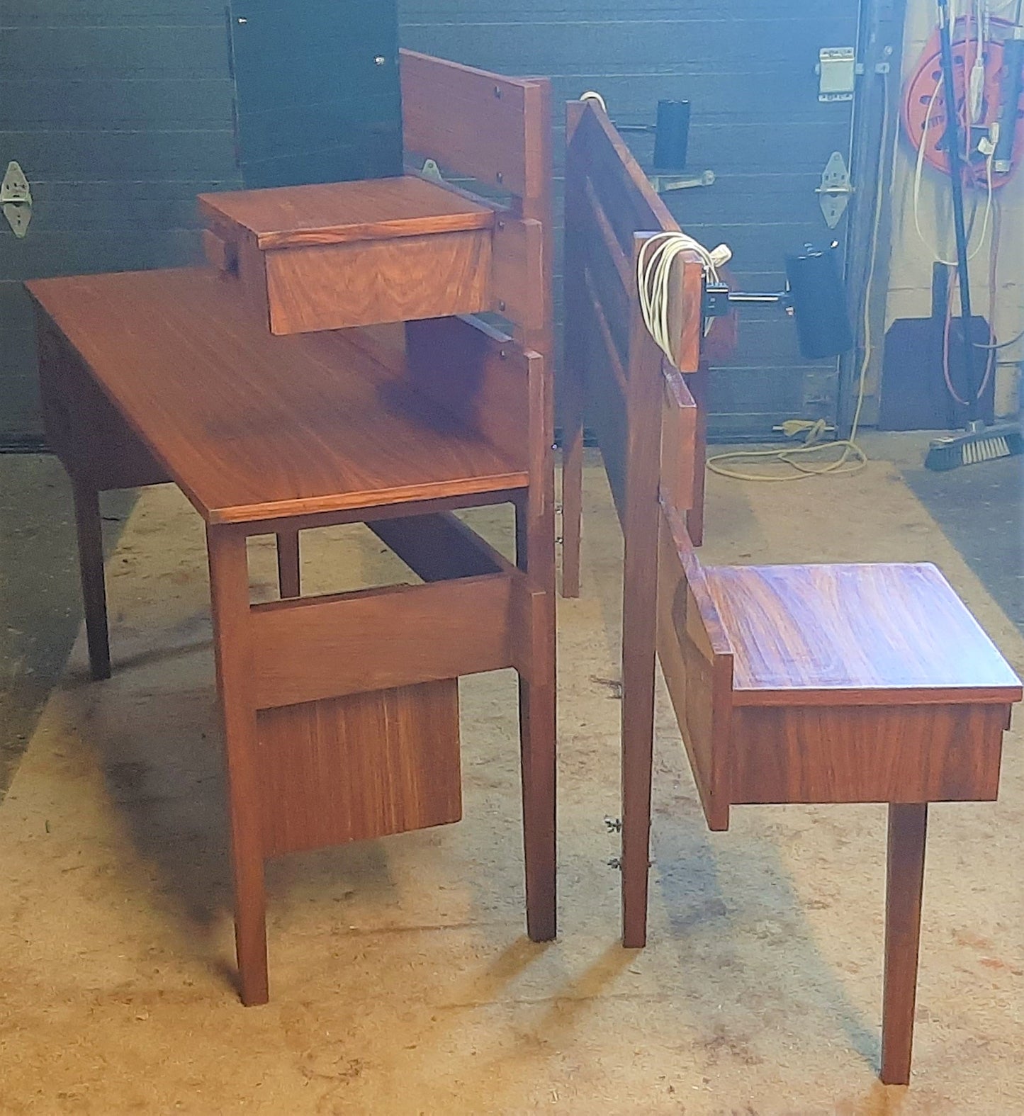 REFINISHED MCM Teak Headboard w floating nightstands Queen and Vanity or Desk, Perfect