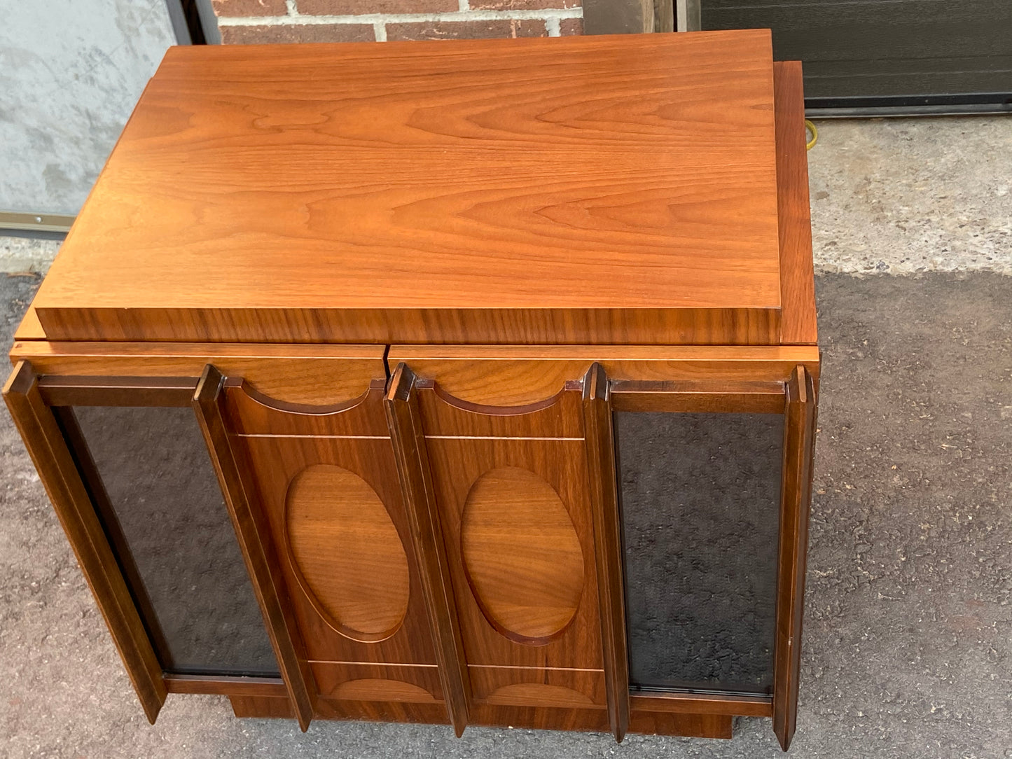 RESTORED Rare MCM Teak & Walnut Mirrored Brutalist Headboard Queen, metal bed frame, 2 nightstands