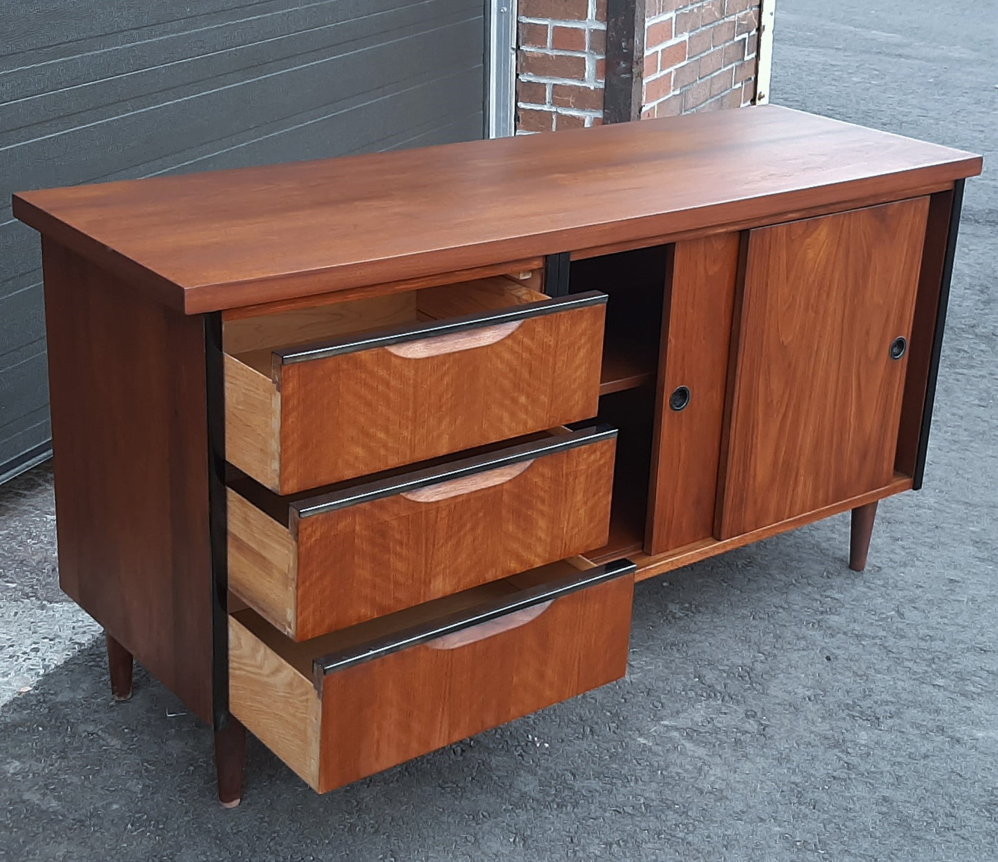 REFINISHED  MCM Walnut Credenza with Sliding Doors & Drawers & Finished back 54" - Mid Century Modern Toronto