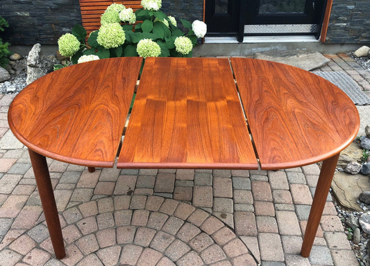 REFINISHED Danish MCM  Teak Table Round to Oval w 1 Leaf 42-61" - Mid Century Modern Toronto