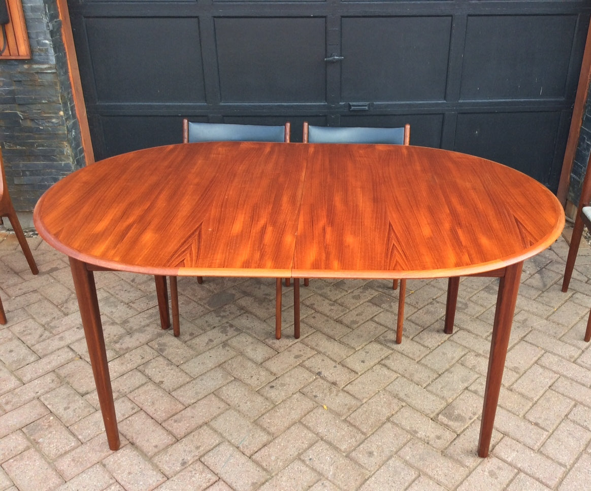 REFINISHED Mid Century Modern Teak Dining Table Oval Extendable Self Storing (with butterfly/ jackknife/ pop up leaf) - Mid Century Modern Toronto