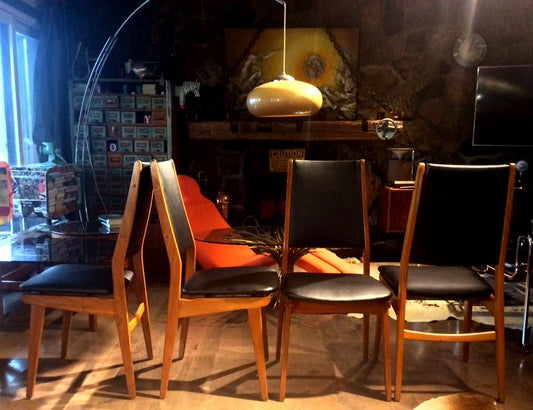 4 Danish MCM Teak Chairs REUPHOLSTERED with floating seats $125 each - Mid Century Modern Toronto
