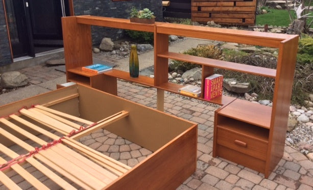Teak MCM Queen Bedroom Set, made in Sweden, Restored, like New (platform bed, nightstands, his and her dressers) - Mid Century Modern Toronto