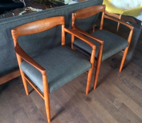 A Pair of REFINISHED REUPHOLSTERED Danish MCM  Teak Carver Armchairs by H.W. Klein for Bramin Møbler, each $349 - Mid Century Modern Toronto